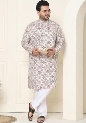 Cream Ethnic Motifs Poly Blend Kurta Set For Men