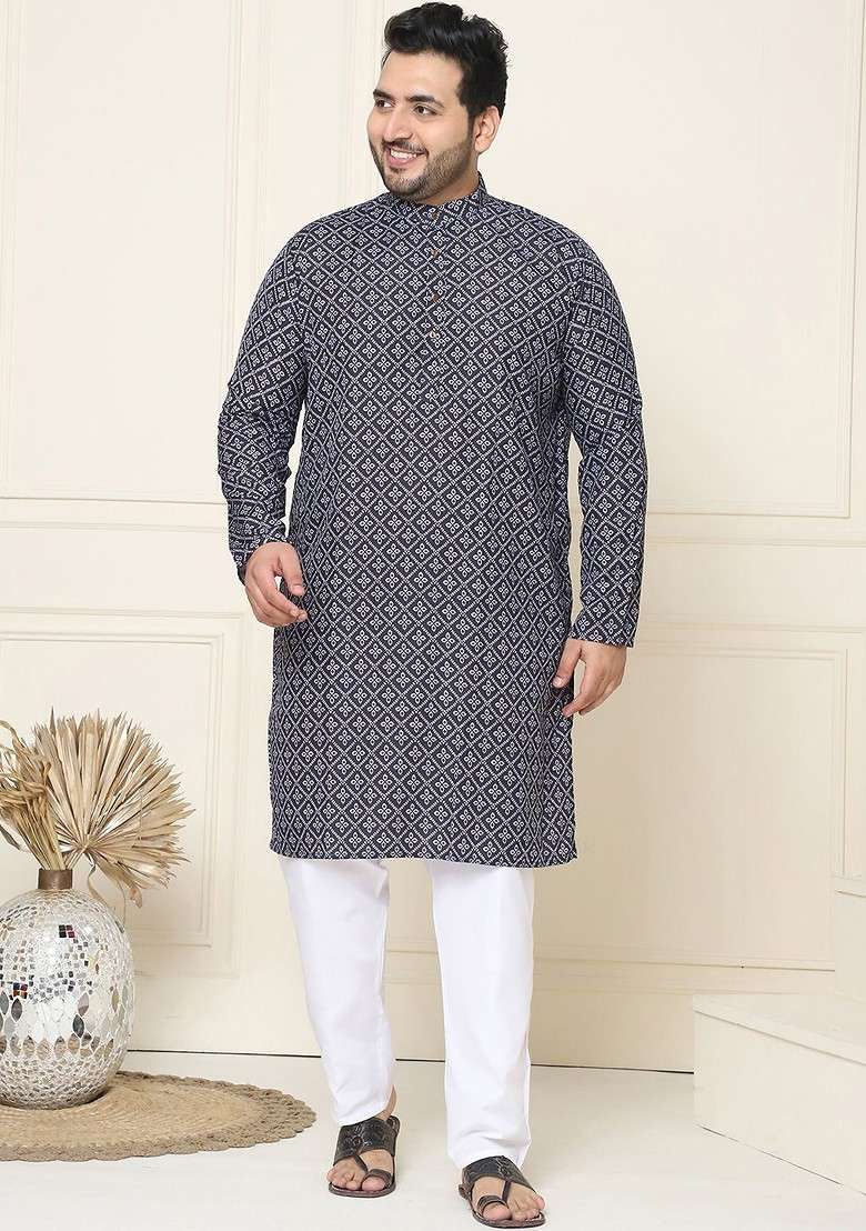 Grey Printed Cotton Kurta Set For Men - Indya