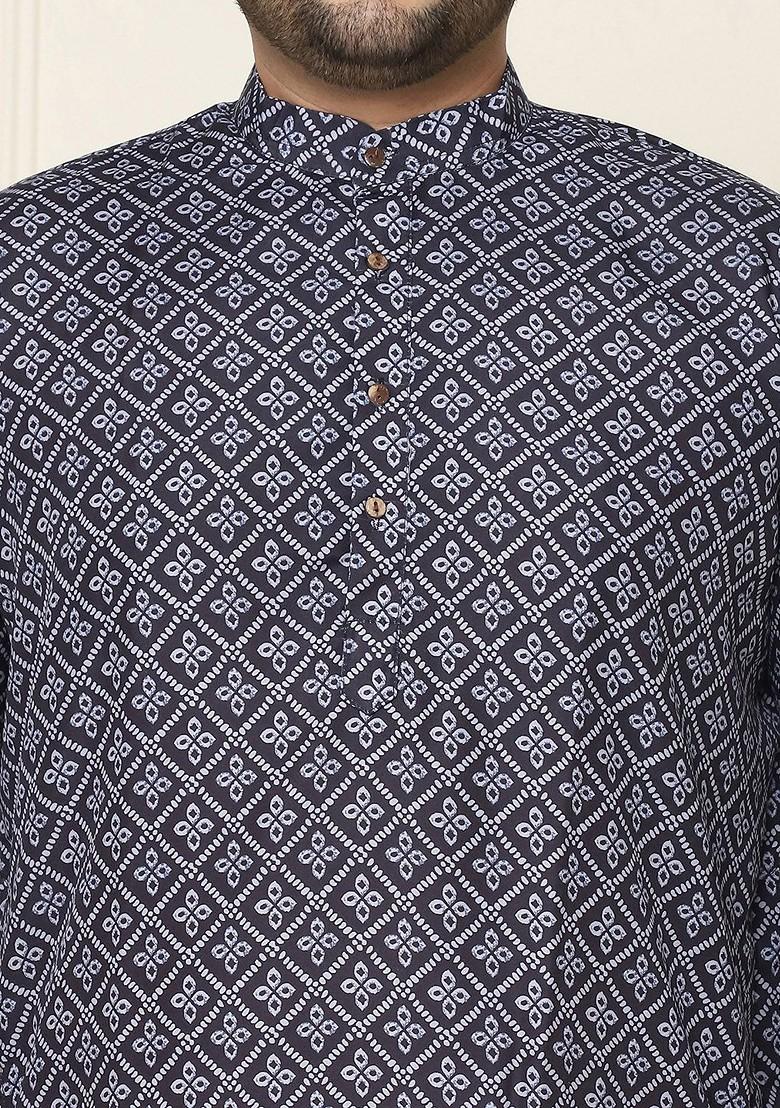 Grey Printed Cotton Kurta Set For Men