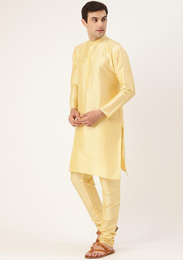 Beige Solid Poly Blend Kurta Set For Men
