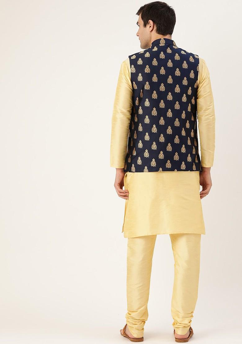 Beige Solid Poly Blend Kurta Set For Men