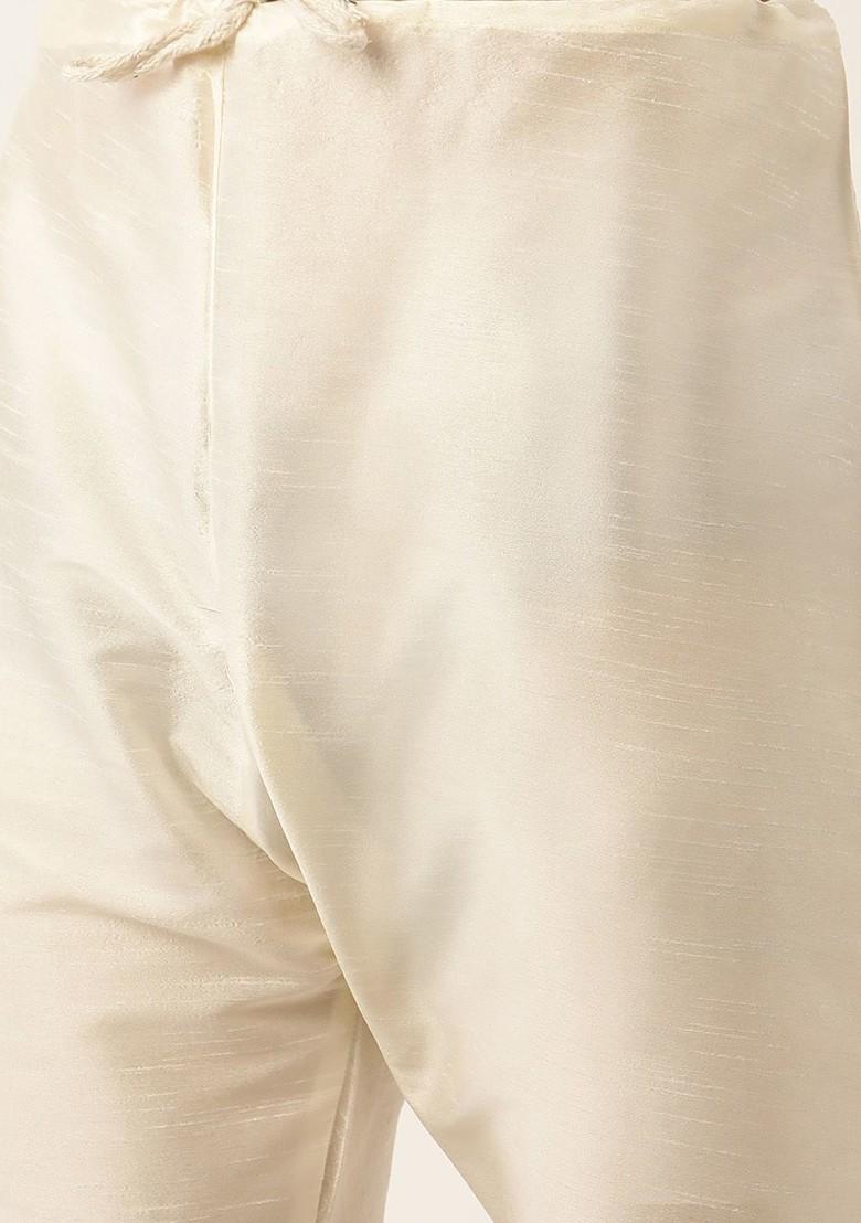 Off White Woven Poly Blend Kurta Set For Men