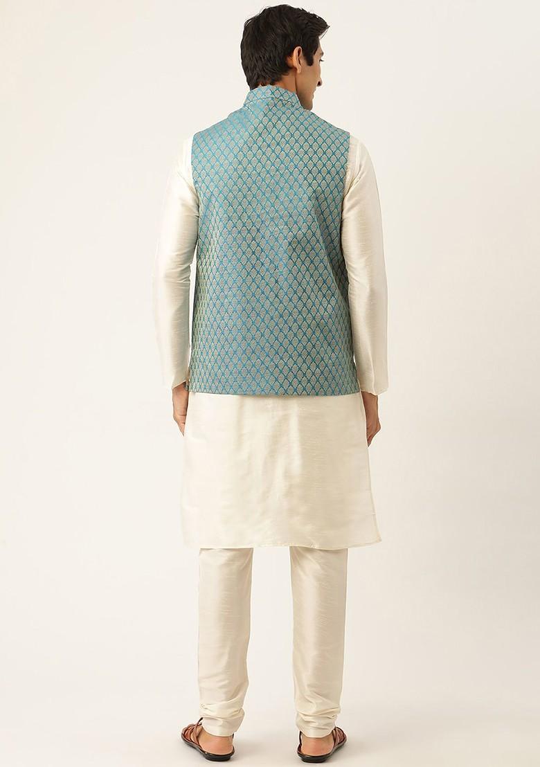 Off White Woven Poly Blend Kurta Set For Men
