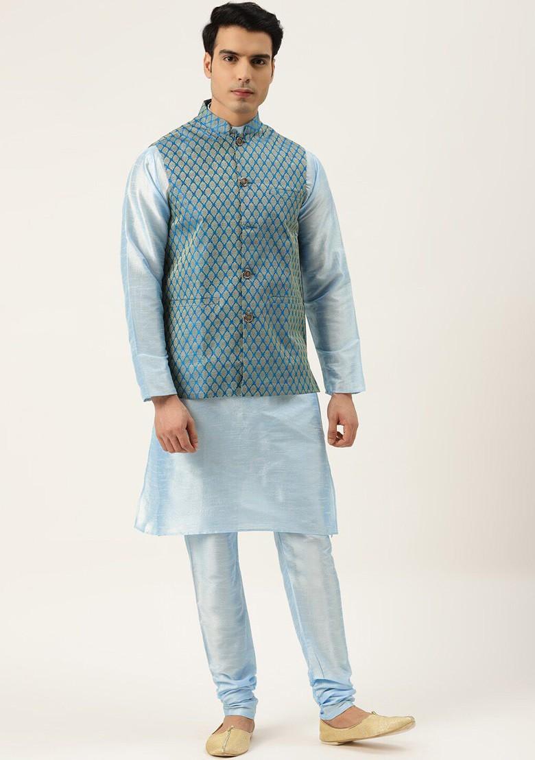 Turquoise Blue Solid Poly Blend Kurta Set For Men
