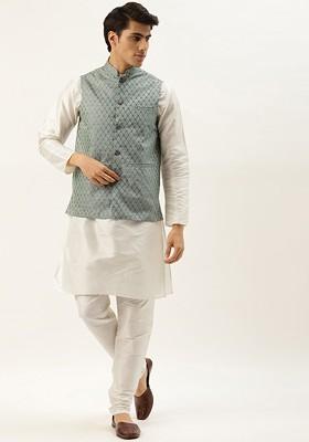 Off White Solid Poly Blend Kurta Set For Men