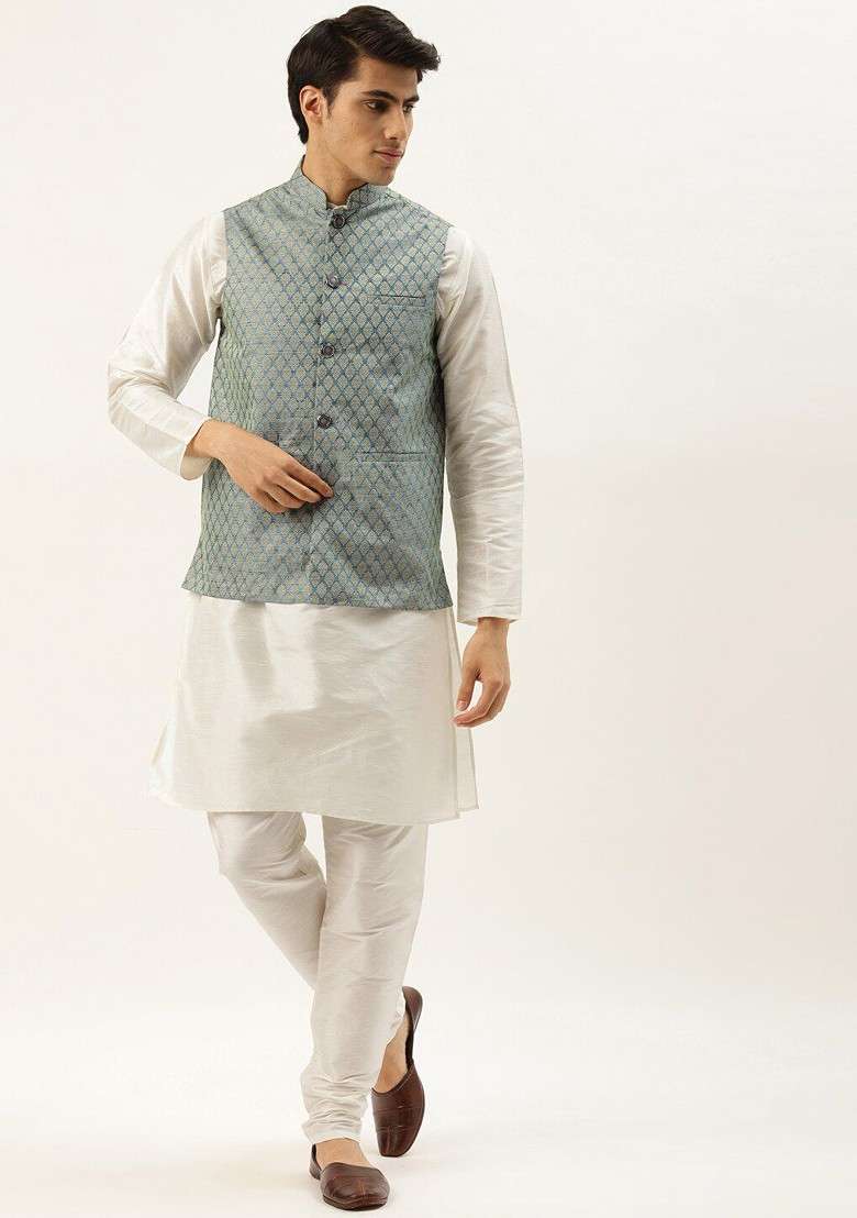 Off White Solid Poly Blend Kurta Set For Men - Indya