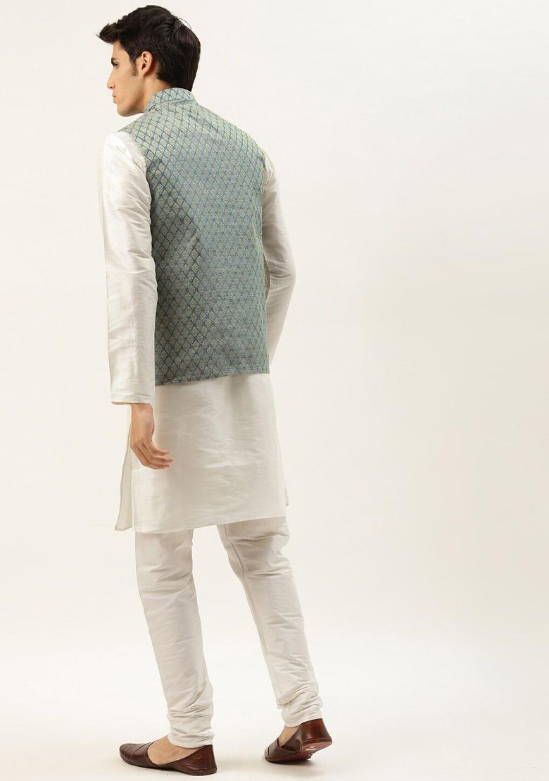 Off White Solid Poly Blend Kurta Set For Men