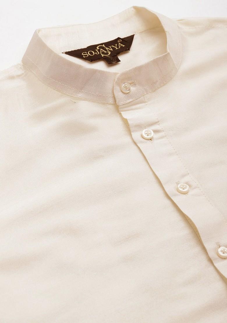 Off White Solid Poly Blend Kurta Set For Men