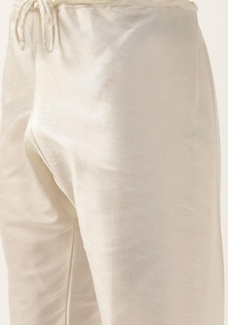 Off White Solid Poly Blend Kurta Set For Men