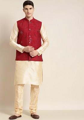 Beige Solid Poly Blend Kurta Set For Men