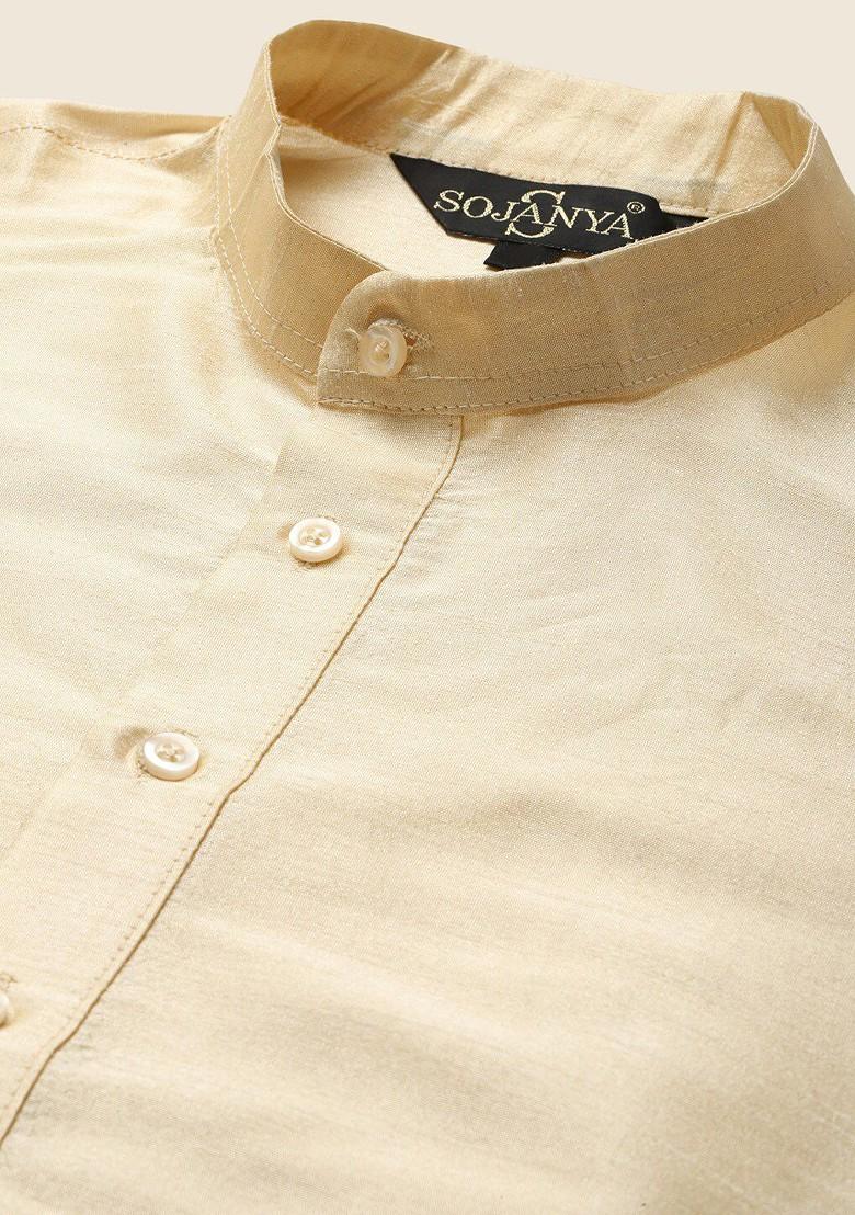 Beige Solid Poly Blend Kurta Set For Men