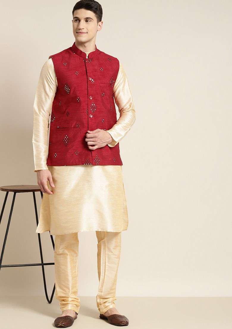 Beige Solid Poly Blend Kurta Set For Men - Indya