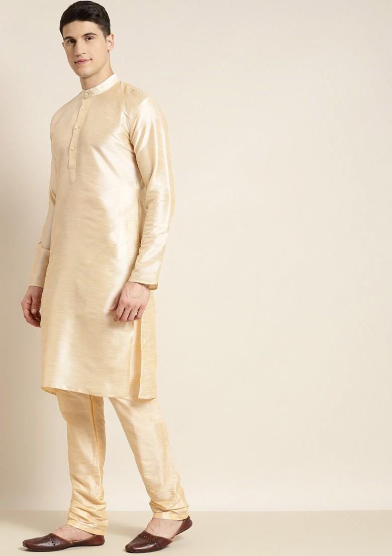 Beige Solid Poly Blend Kurta Set For Men