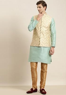 Sea Green Striped Poly Blend Kurta Set For Men