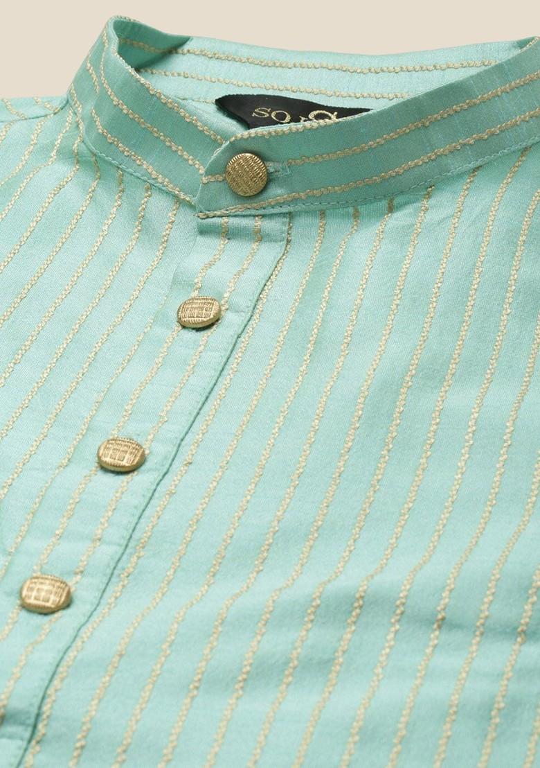 Sea Green Striped Poly Blend Kurta Set For Men
