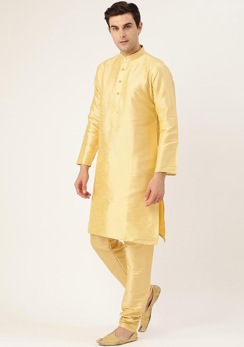 Mustard Solid Poly Blend Kurta Set For Men