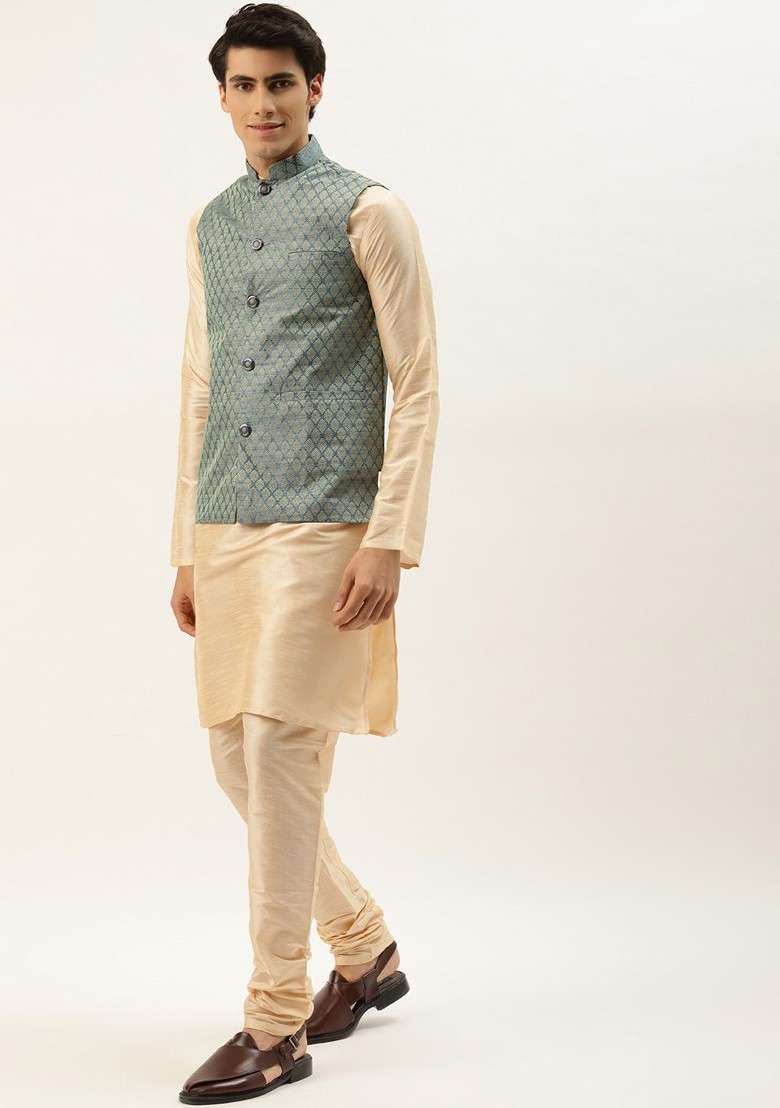 Beige Solid Poly Blend Kurta Set For Men - Indya