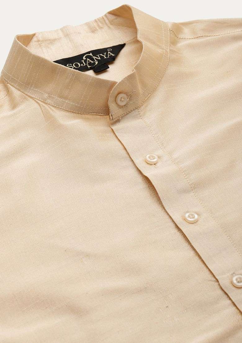 Beige Solid Poly Blend Kurta Set For Men - Indya