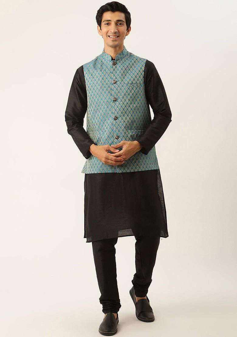 Black Solid Silk Kurta Set For Men