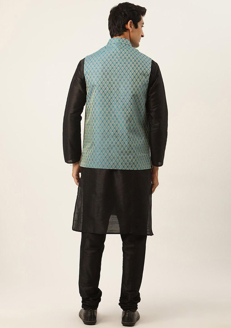 Black Solid Silk Kurta Set For Men