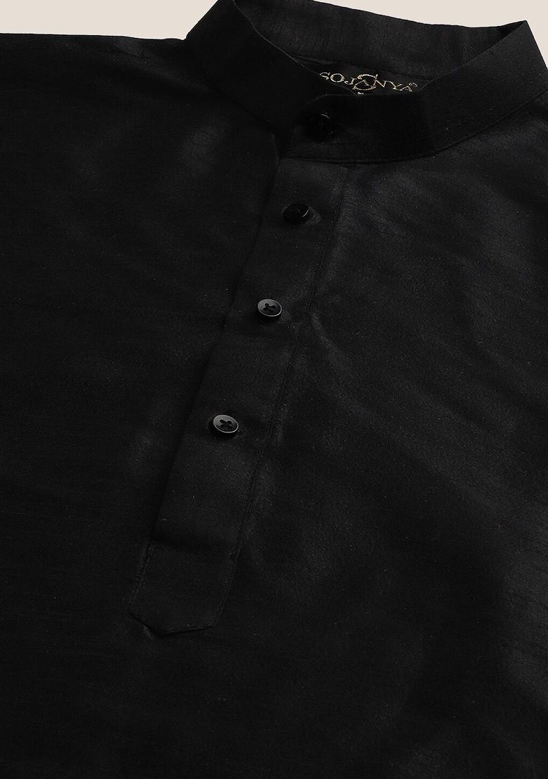Black Solid Silk Kurta Set For Men