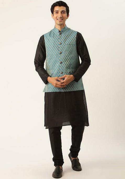 Black Solid Silk Kurta Set For Men