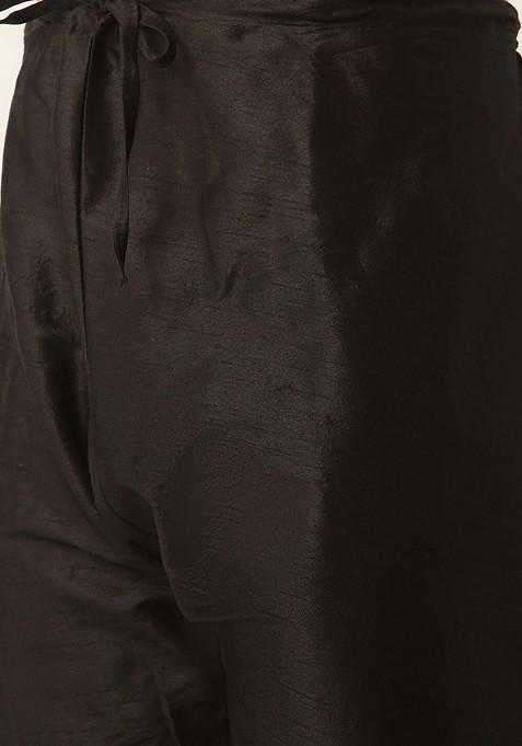 Black Solid Silk Kurta Set For Men