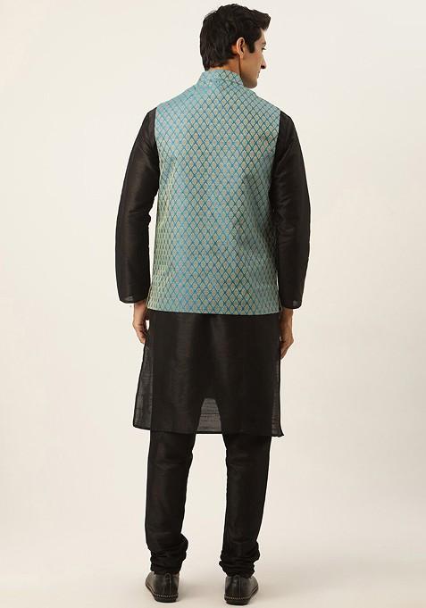 Black Solid Silk Kurta Set For Men