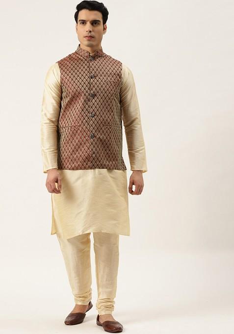 Gold Solid Poly Blend Kurta Set For Men