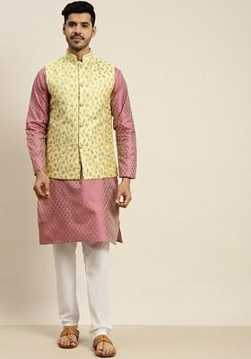 Pink Ethnic Motifs Poly Blend Kurta Set For Men