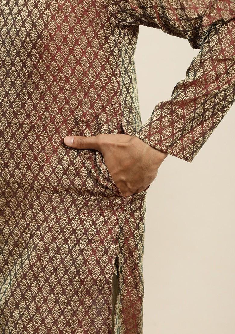 Brown Ethnic Motifs Poly Blend Kurta Set For Men