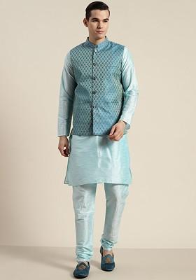 Turquoise Blue Solid Poly Blend Kurta Set For Men