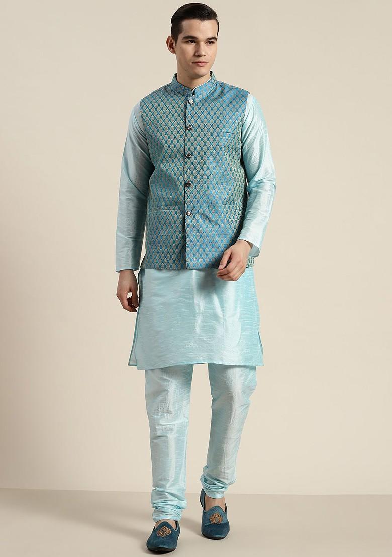 Turquoise Blue Solid Poly Blend Kurta Set For Men