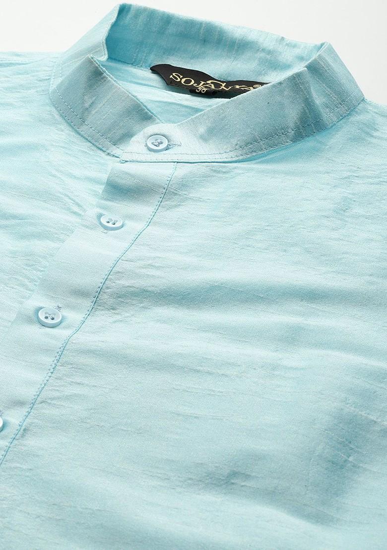 Turquoise Blue Solid Poly Blend Kurta Set For Men