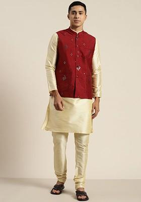 Beige Mirror Work Poly Blend Kurta Set For Men