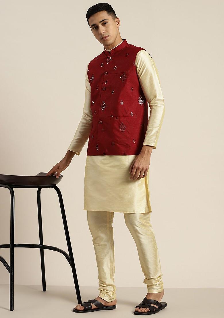 Beige Mirror Work Poly Blend Kurta Set For Men