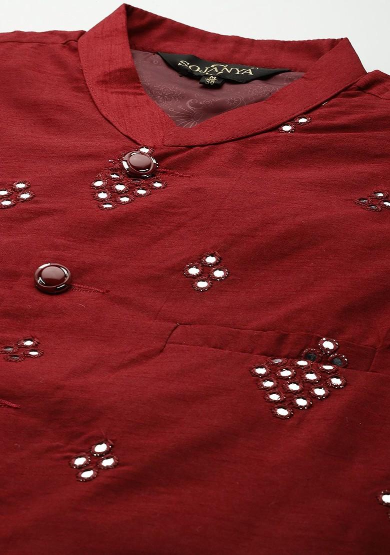 Beige Mirror Work Poly Blend Kurta Set For Men