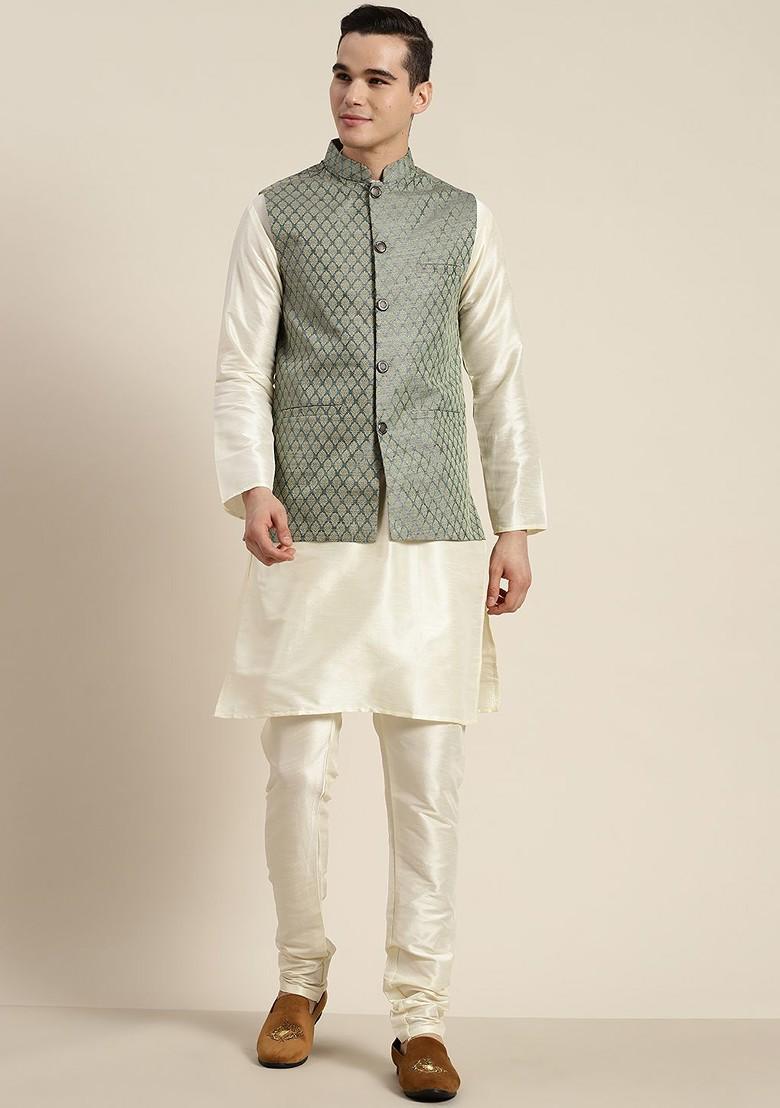 Off White Ethnic Motifs Poly Blend Kurta Set For Men