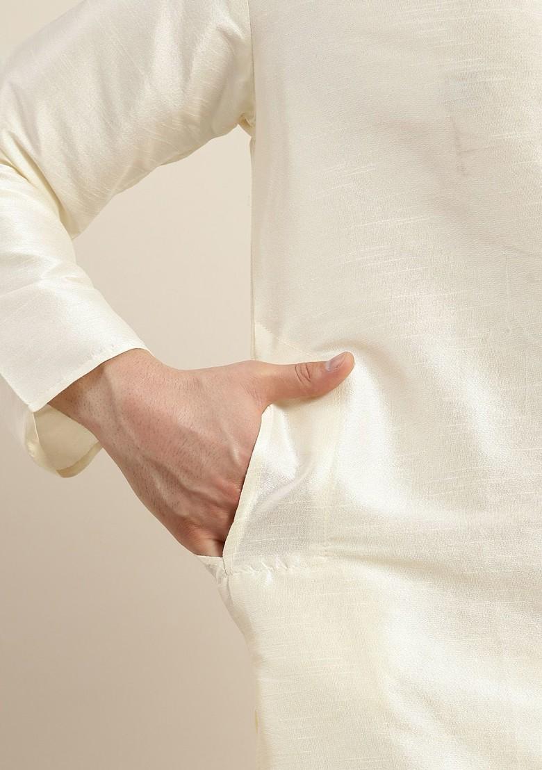 Off White Ethnic Motifs Poly Blend Kurta Set For Men