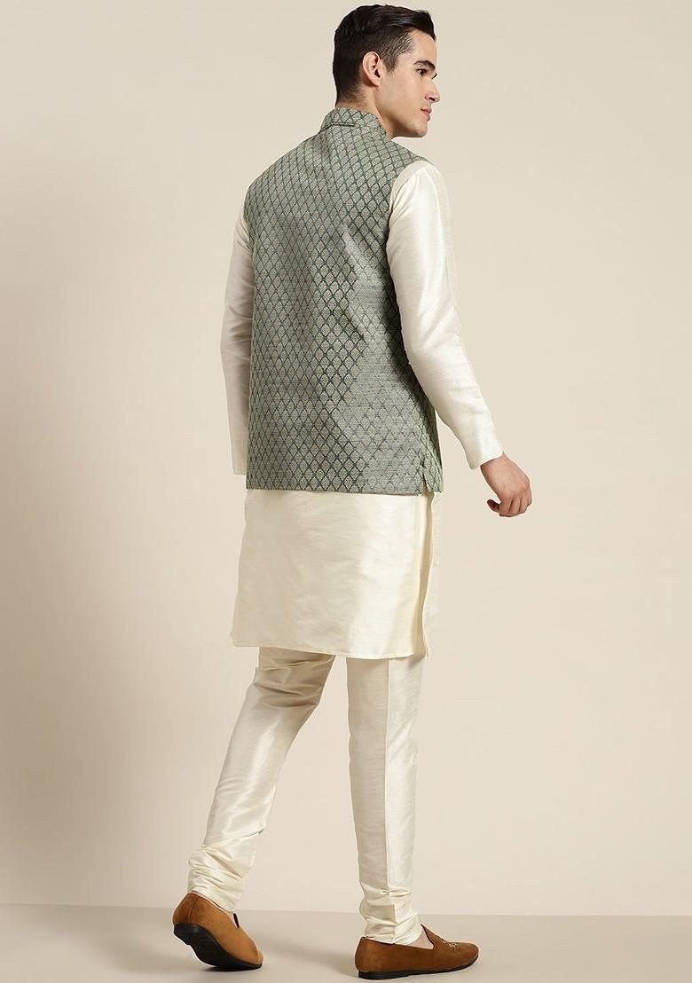 Off White Ethnic Motifs Poly Blend Kurta Set For Men