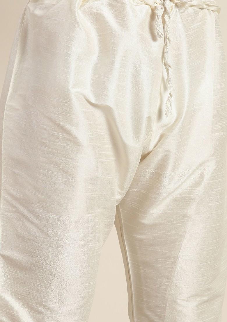 Off White Ethnic Motifs Poly Blend Kurta Set For Men