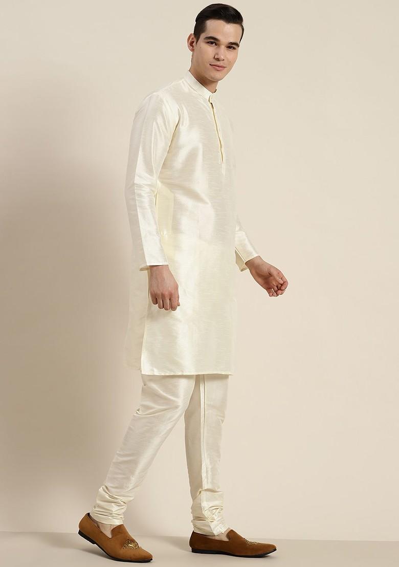 Off White Ethnic Motifs Poly Blend Kurta Set For Men