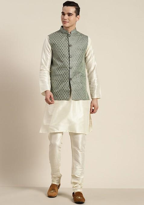 Off White Ethnic Motifs Poly Blend Kurta Set For Men