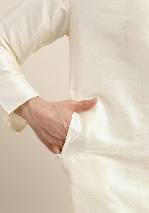 Off White Ethnic Motifs Poly Blend Kurta Set For Men