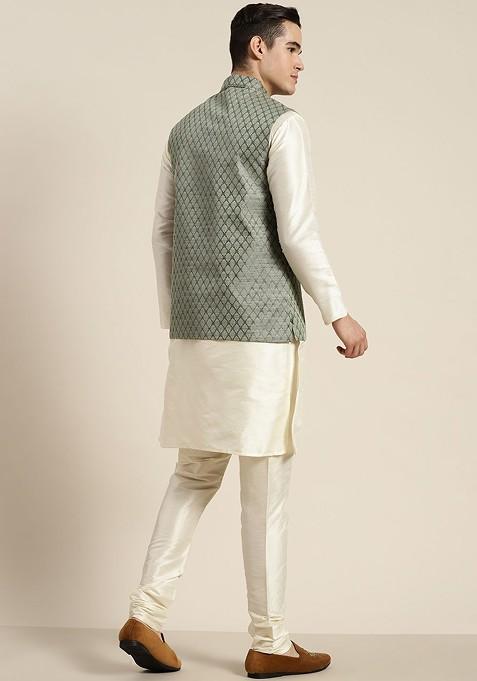 Off White Ethnic Motifs Poly Blend Kurta Set For Men