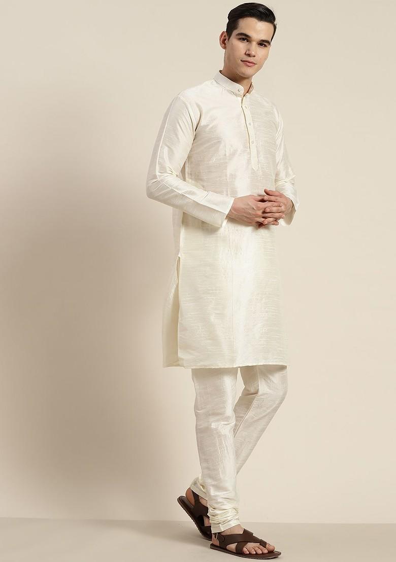 Cream Solid Poly Blend Kurta Set For Men