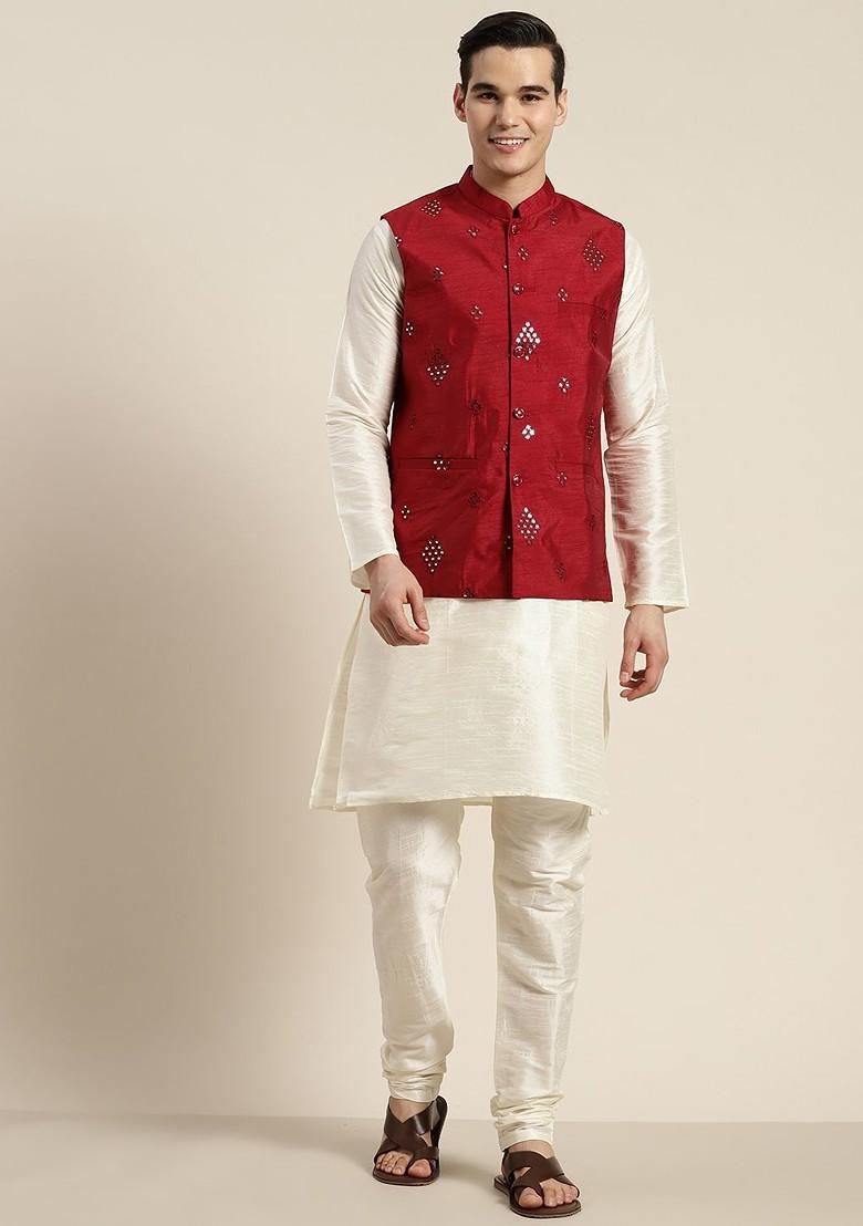 Cream Solid Poly Blend Kurta Set For Men