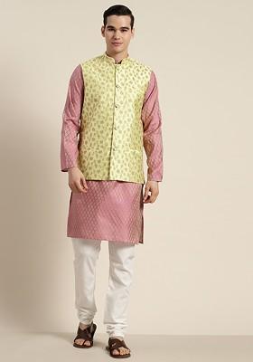 Pink Ethnic Motifs Poly Blend Kurta Set For Men