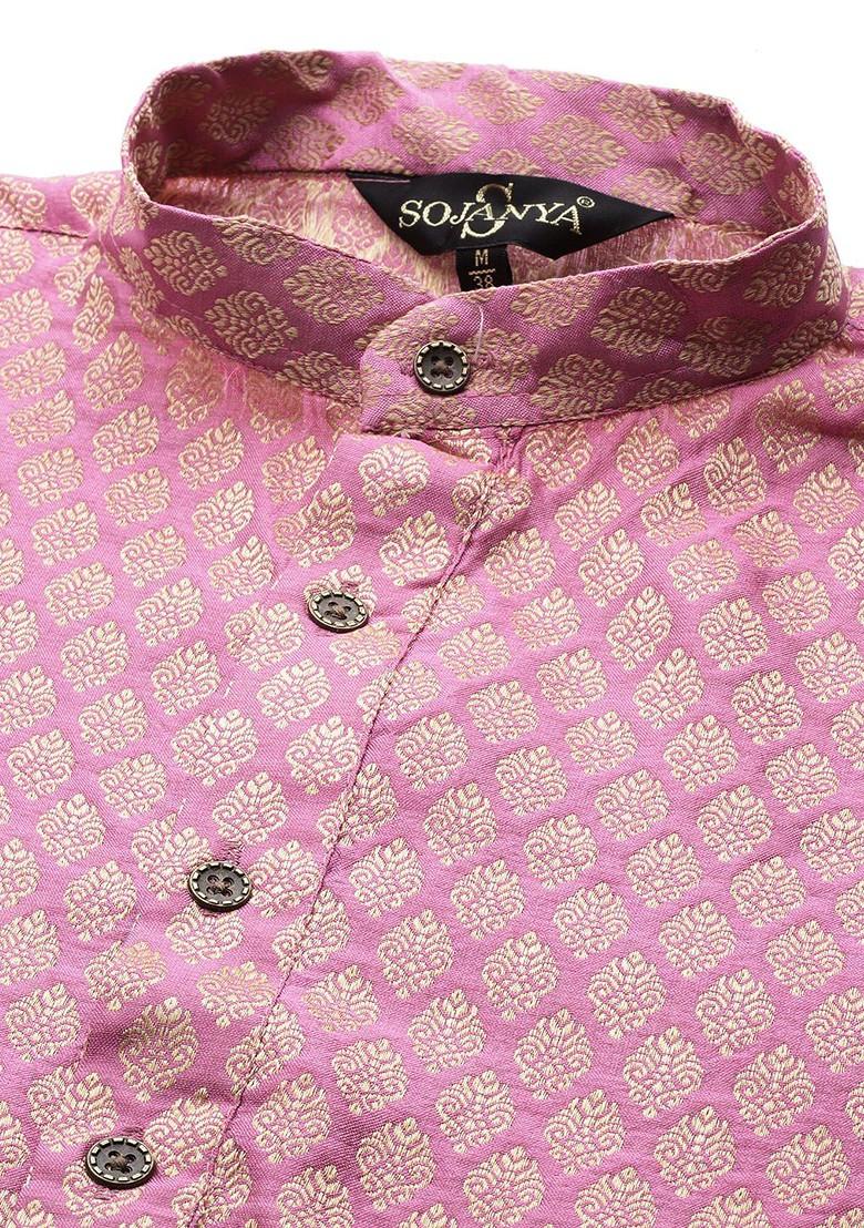 Pink Ethnic Motifs Poly Blend Kurta Set For Men