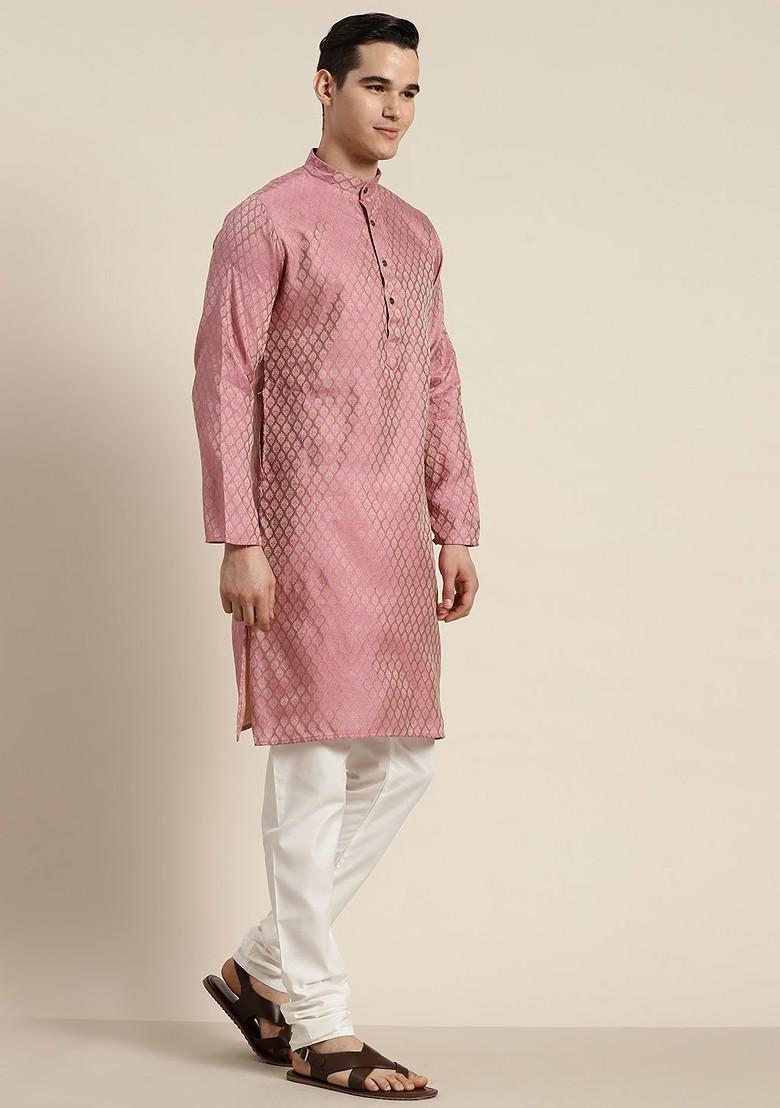 Pink Ethnic Motifs Poly Blend Kurta Set For Men